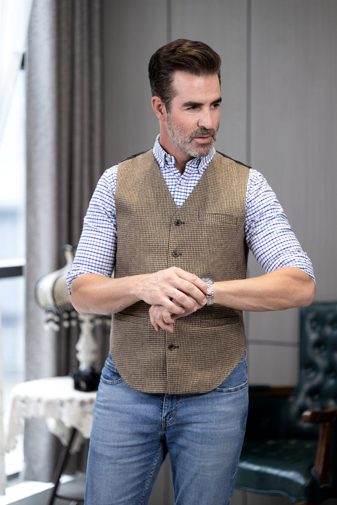 Fashion Casual Men's Slim Fit Tweed Houndstooth V Neck Waistcoat mens event wear