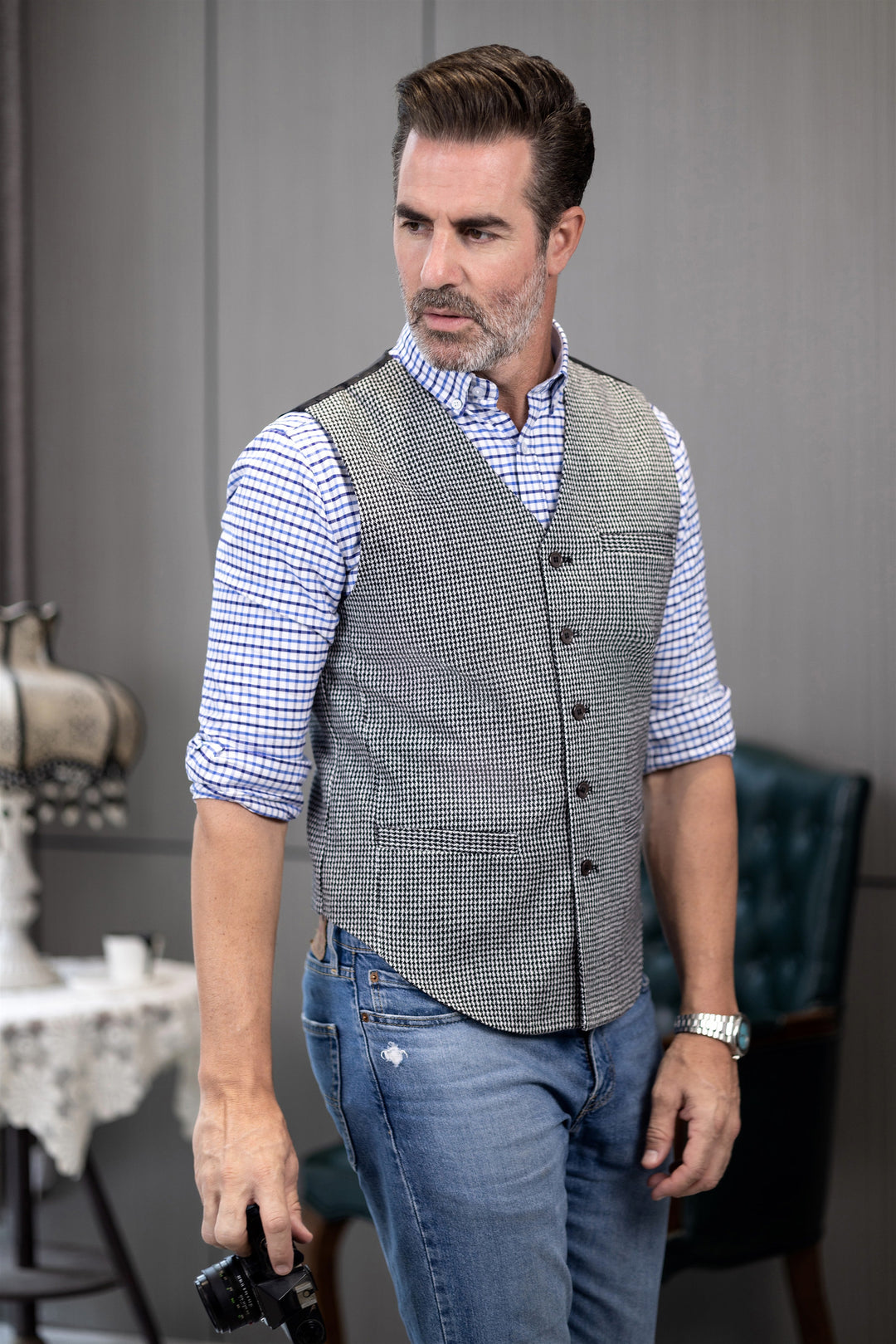 Fashion Casual Men's Slim Fit Tweed Houndstooth V Neck Waistcoat mens event wear