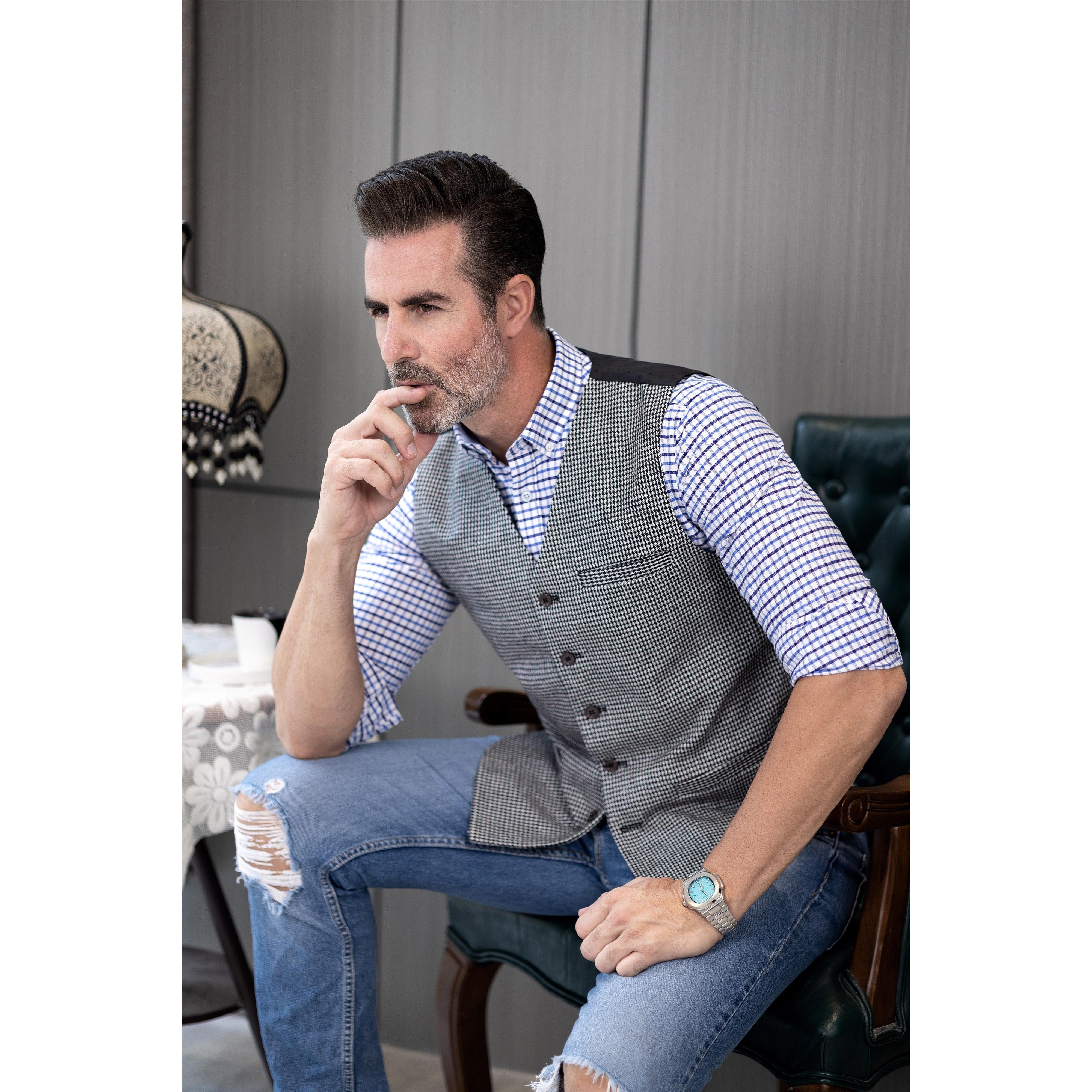 Fashion Casual Men's Slim Fit Tweed Houndstooth V Neck Waistcoat