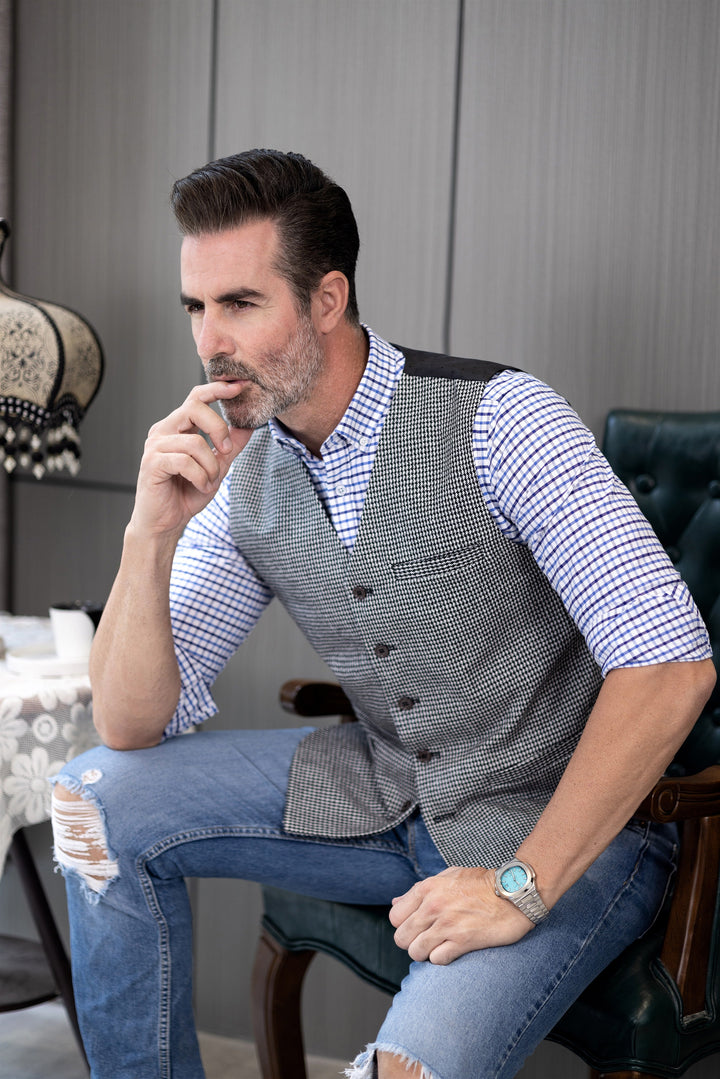 Fashion Casual Men's Slim Fit Tweed Houndstooth V Neck Waistcoat mens event wear