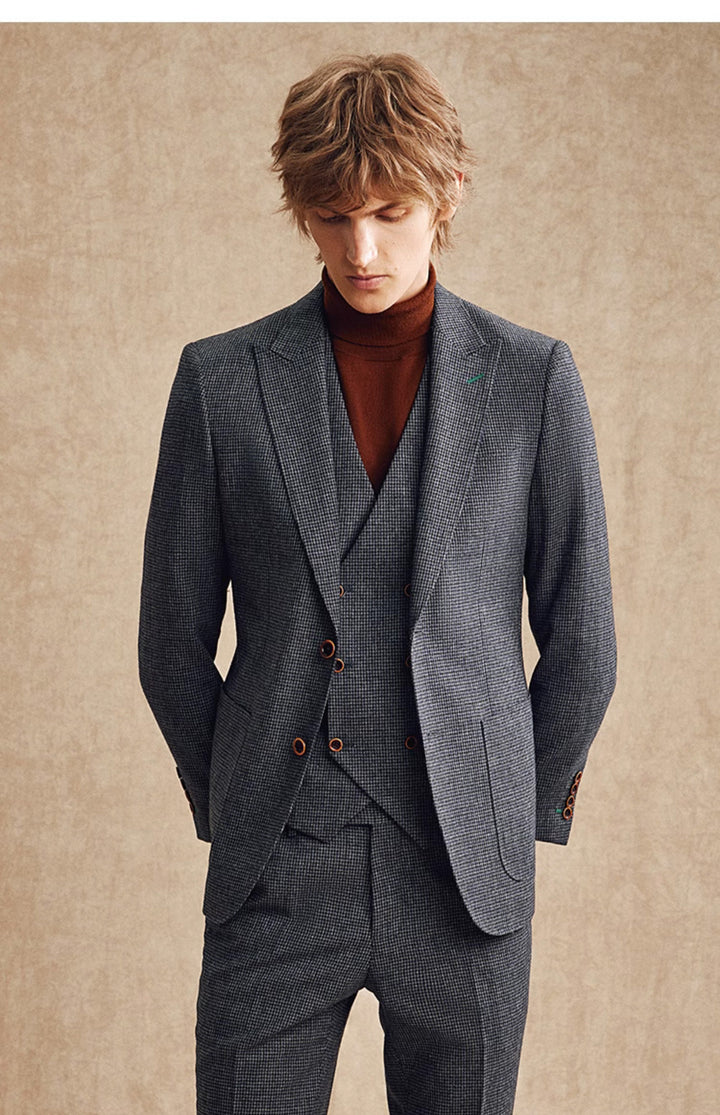 Fashion Men's 3 Pieces Houndstooth Peak Lapel Tuxedos (Blazer+vest+Pants) mens event wear