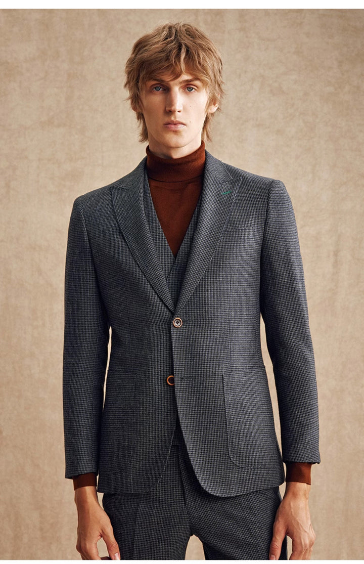 Fashion Men's 3 Pieces Houndstooth Peak Lapel Tuxedos (Blazer+vest+Pants) mens event wear
