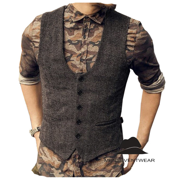 Fashion Men's Casual Tweed Herringbone U Neck Waistcoat menseventwear