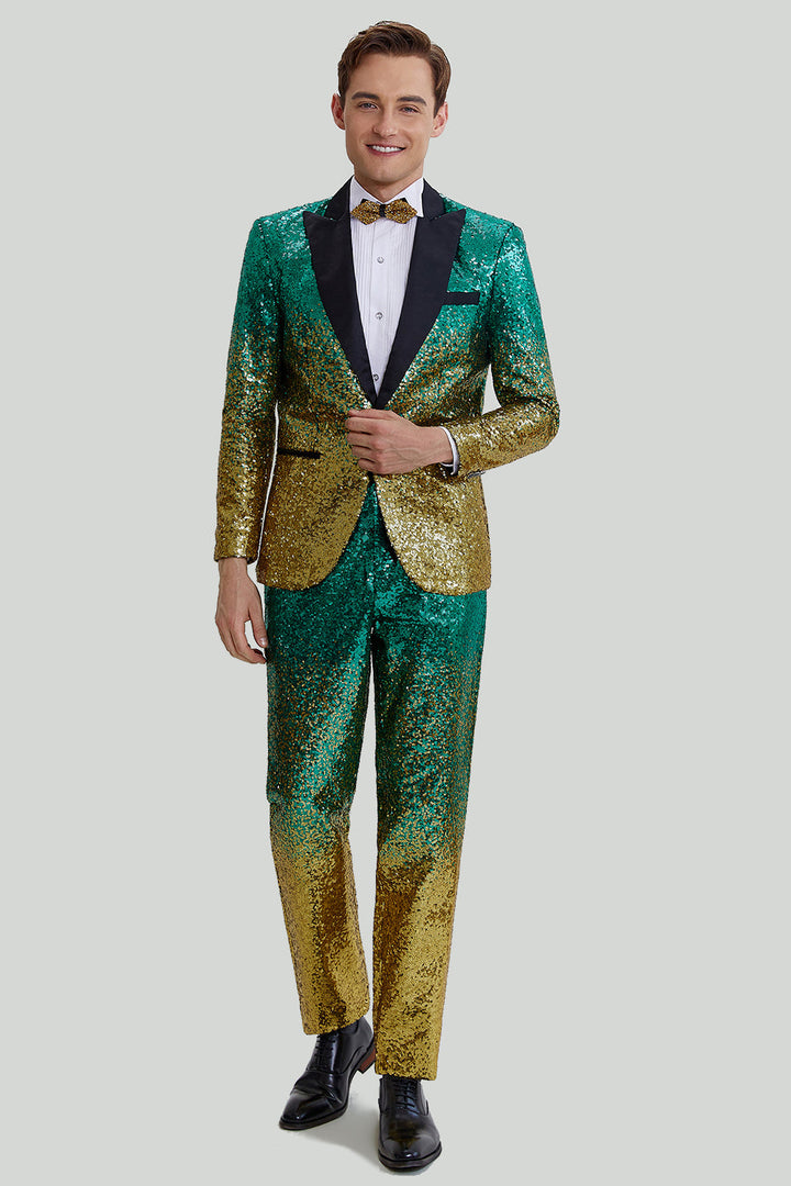 Fashion Men's Gradient Sequined Tuxedo Suit Peak lapel Men's Suit (Blazer + Pants) mens event wear