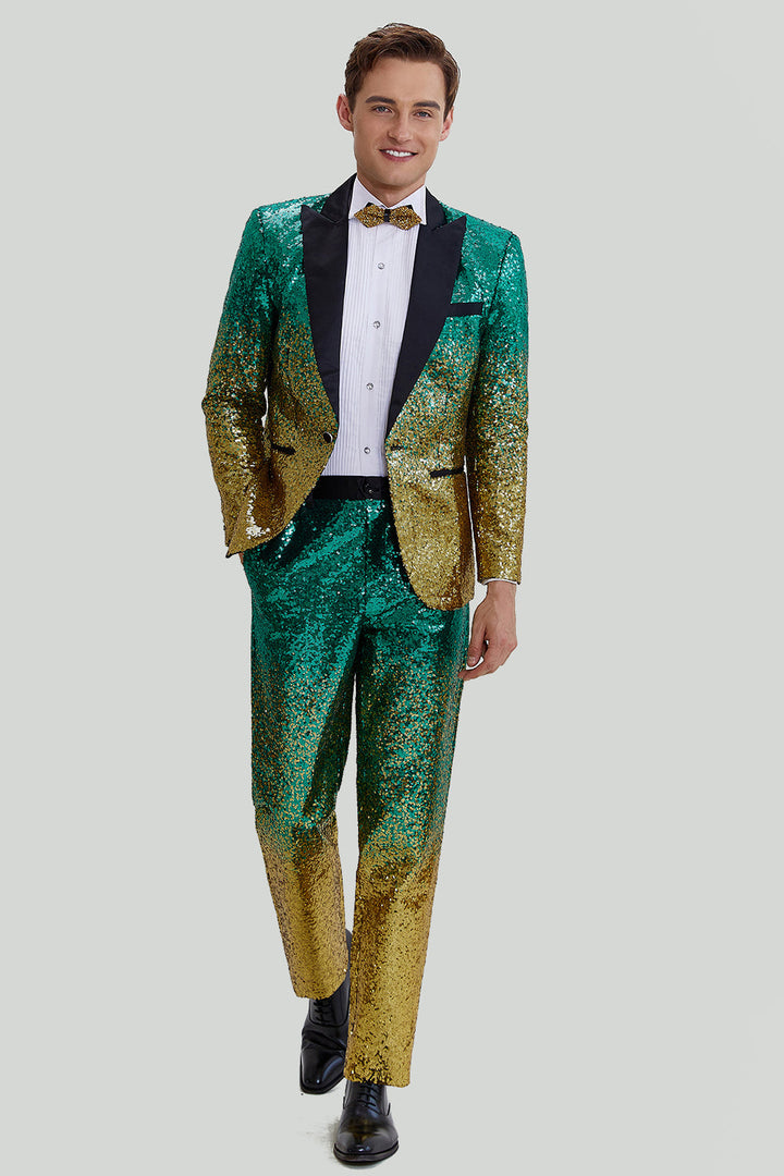 Fashion Men's Gradient Sequined Tuxedo Suit Peak lapel Men's Suit (Blazer + Pants) mens event wear