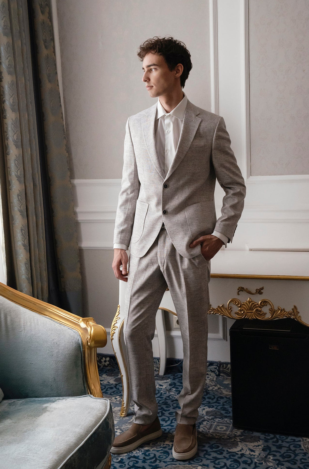 Formal 2 Pieces Mens Suit Flat Linen Notch Lapel Suit (Blazer + Pants) mens event wear