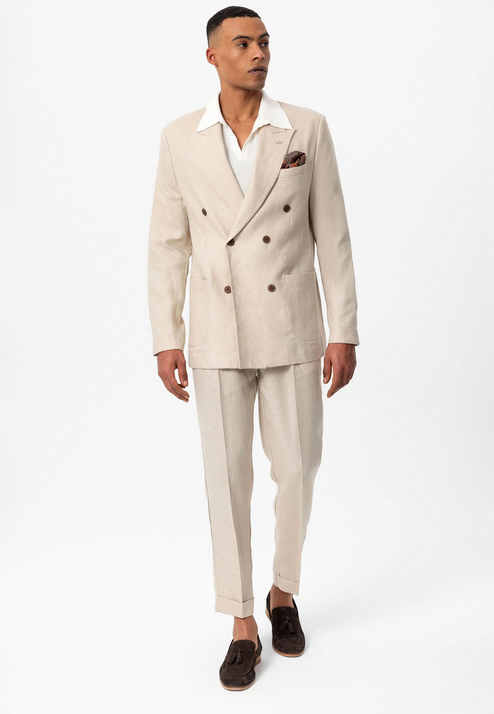 Formal 2 Pieces Mens Suit Flat Linen Peak Lapel Tuxedos For Wedding (Blazer+Pants) mens event wear