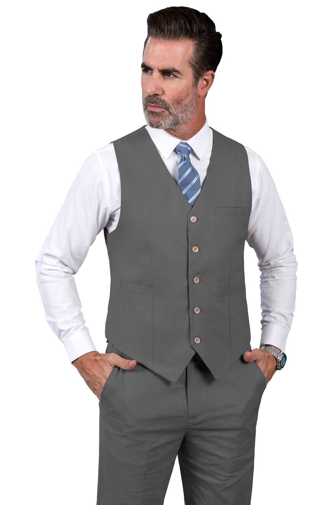 Formal 2 Pieces Mens Suit Flat Linen V Neck Suit(Vest+Pants) mens event wear