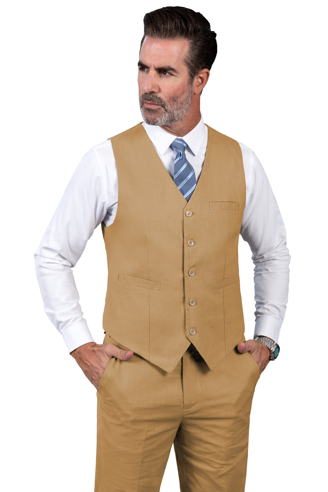 Formal 2 Pieces Mens Suit Flat Linen V Neck Suit(Vest+Pants) mens event wear
