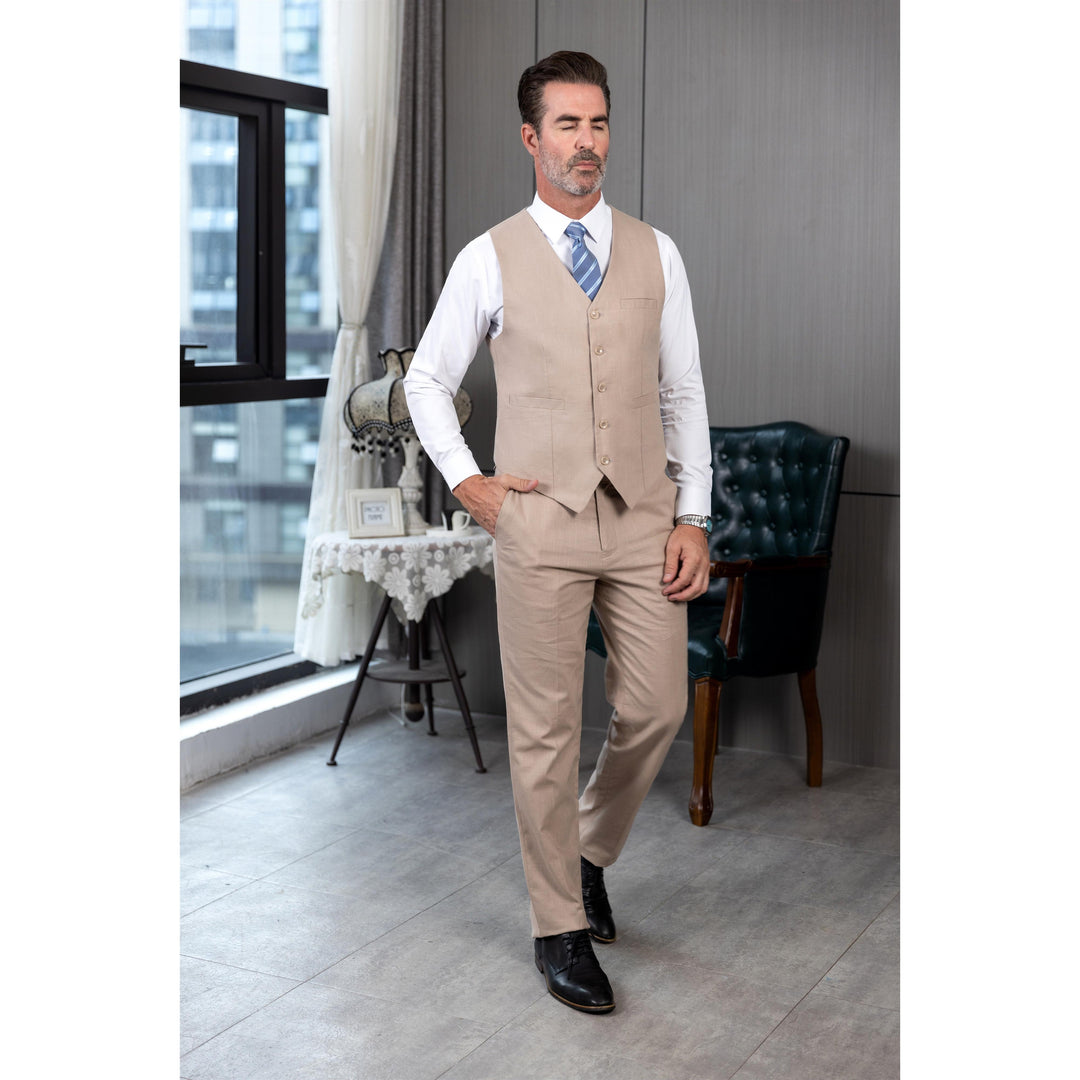 Formal 2 Pieces Mens Suit Flat Linen V Neck Suit(Vest+Pants) Pink / Size Customisation Formal 2 Pieces Mens Suit Flat Linen V Neck Suit(Vest+Pants) Pink / Size Customisation