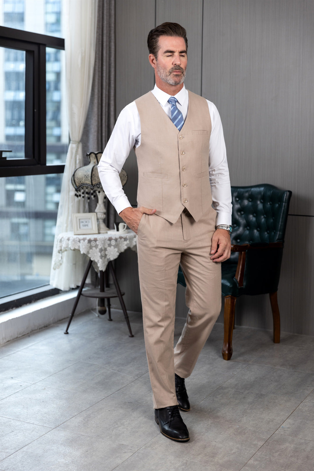 Formal 2 Pieces Mens Suit Flat Linen V Neck Suit(Vest+Pants) mens event wear