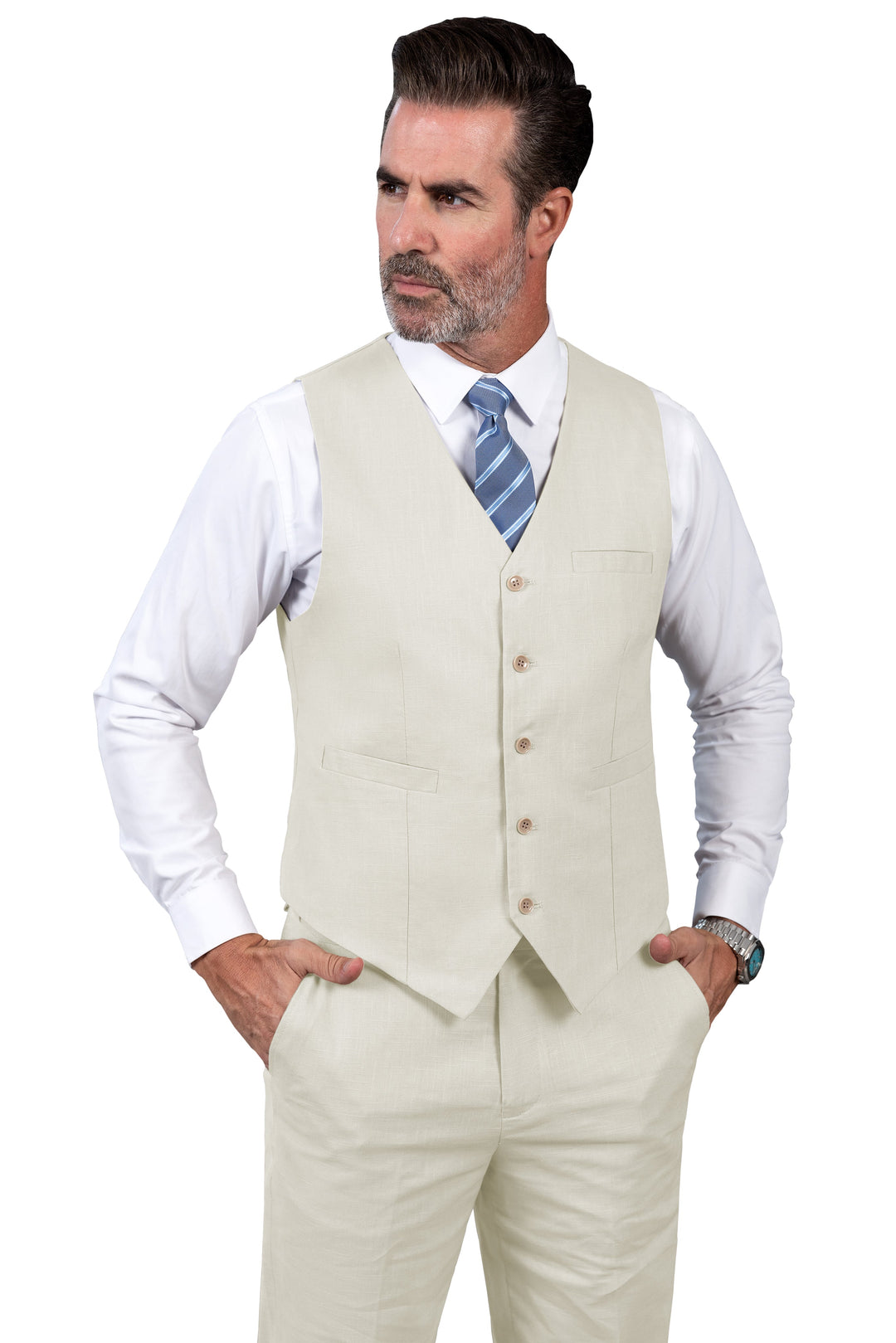 Formal 2 Pieces Mens Suit Flat Linen V Neck Suit(Vest+Pants) mens event wear