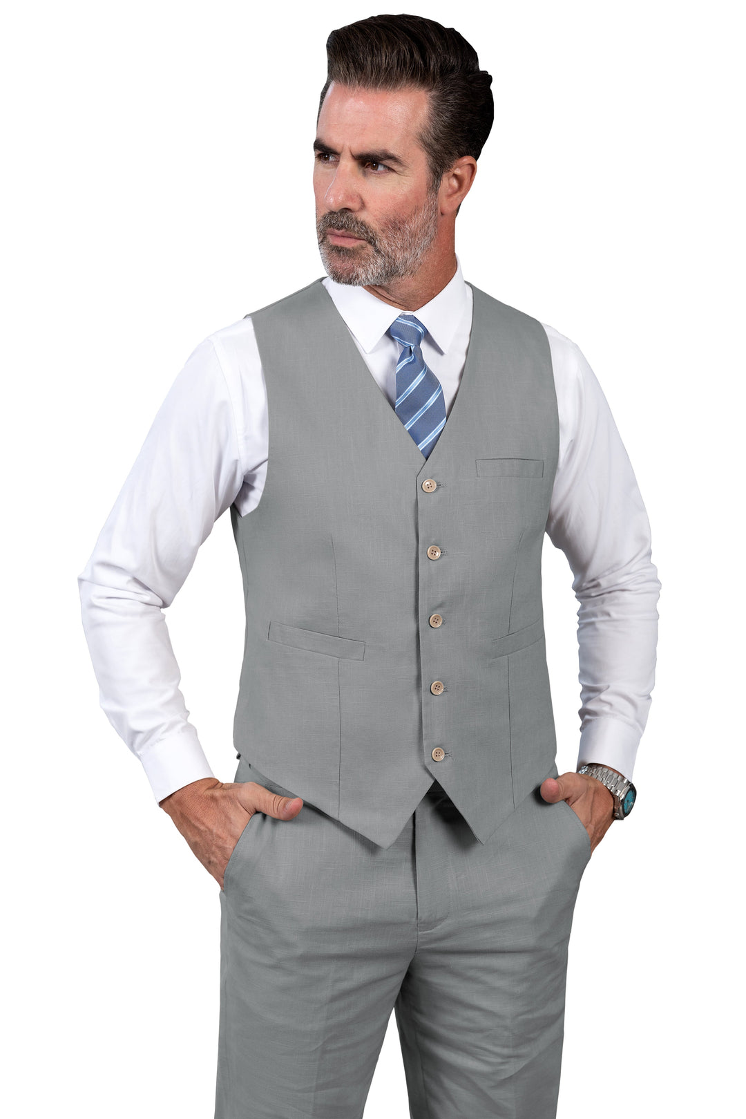 Formal 2 Pieces Mens Suit Flat Linen V Neck Suit(Vest+Pants) mens event wear