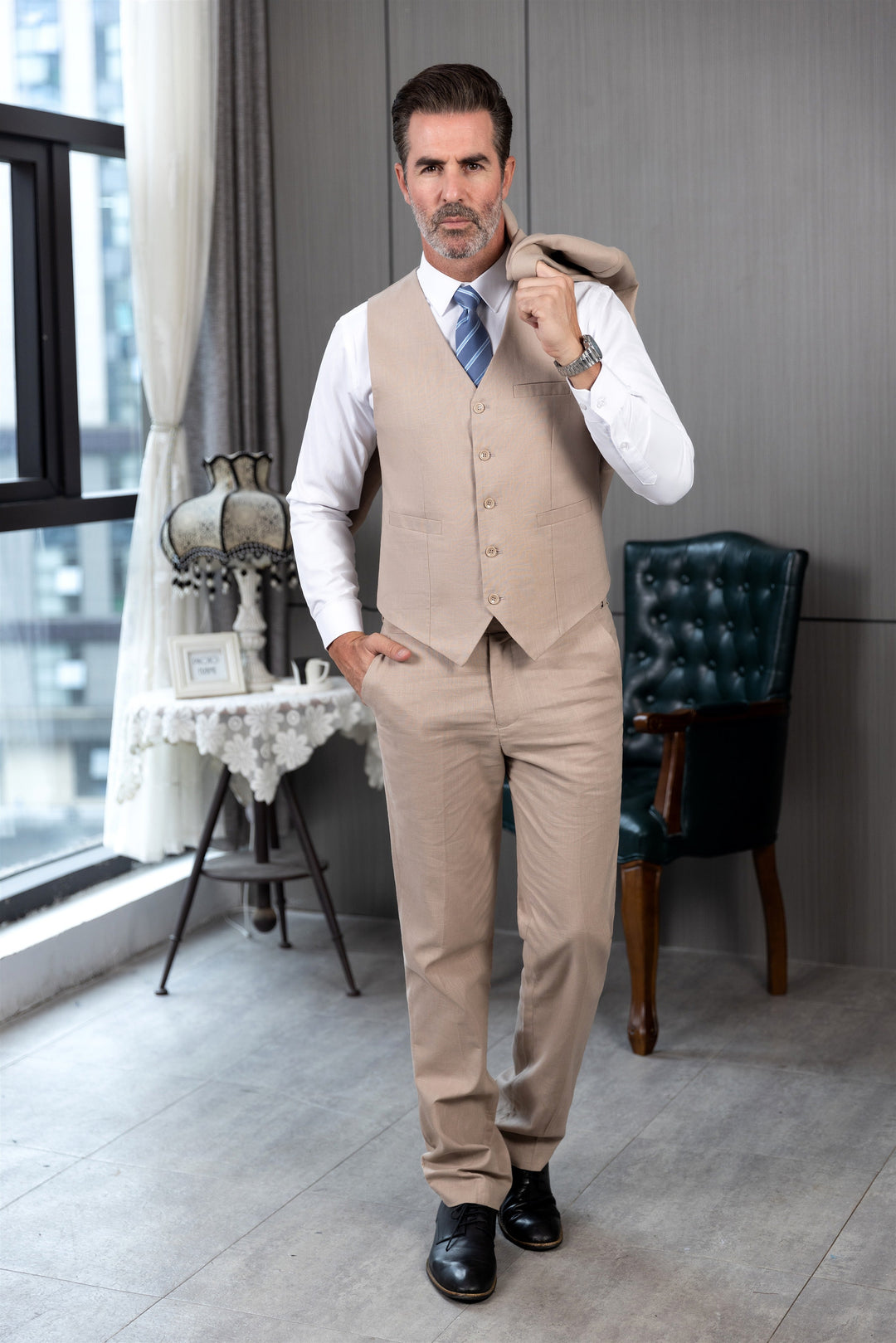 Formal 3 Pieces Mens Suit Flat Linen Notch Lapel Suit(Blazer+Vest+Pants) mens event wear