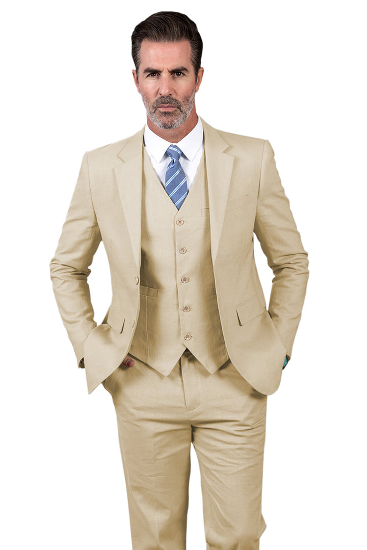 Formal 3 Pieces Mens Suit Flat Linen Notch Lapel Suit(Blazer+Vest+Pants) mens event wear