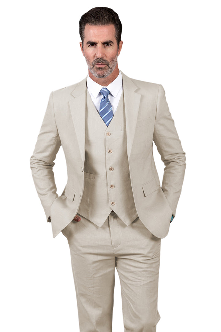Formal 3 Pieces Mens Suit Flat Linen Notch Lapel Suit(Blazer+Vest+Pants) mens event wear