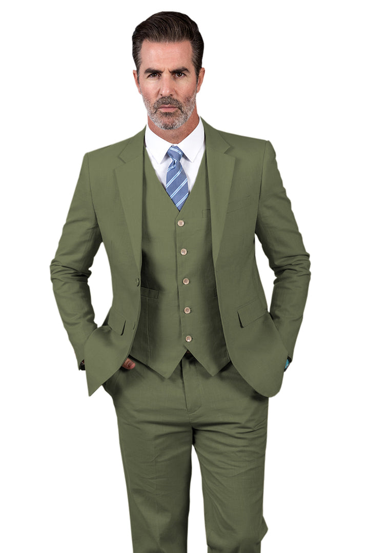 Formal 3 Pieces Mens Suit Flat Linen Notch Lapel Suit(Blazer+Vest+Pants) mens event wear