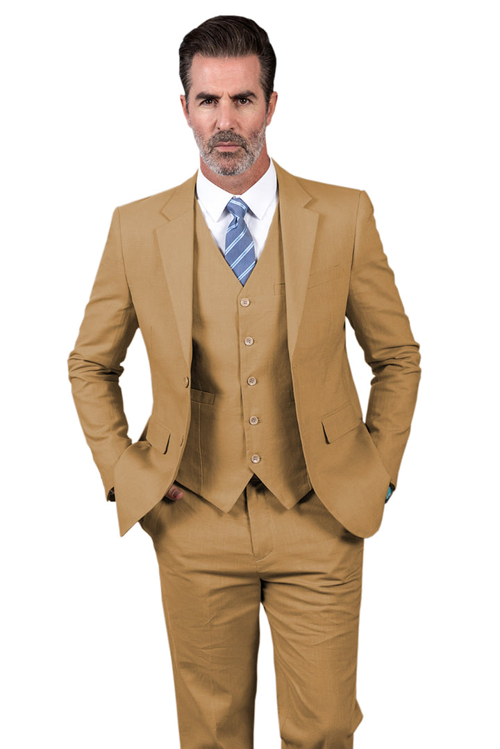 Formal 3 Pieces Mens Suit Flat Linen Notch Lapel Suit (Blazer + Vest + Pants) mens event wear