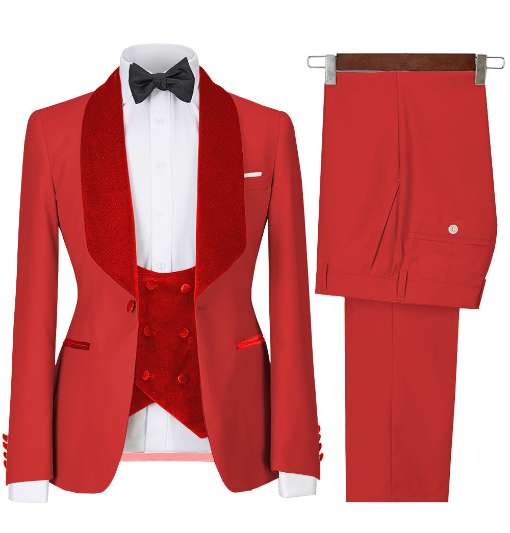 Formal 3 Pieces Mens Suit Flat Shawl Lapel Tuxedos (Blazer+vest+Pants) mens event wear