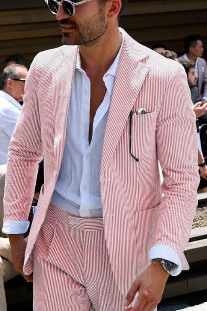 Formal Men's 2 Pieces Striped Seersucker Notch Lapel Tuxedos (Blazer+Pants) mens event wear