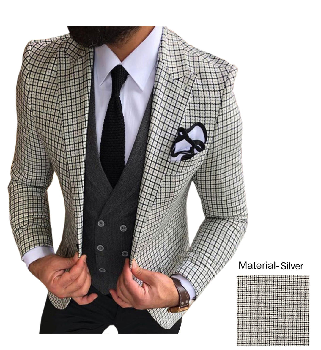 Formal Men's 3 Pieces Houndstooth Peak Lapel Tuxedos (Blazer+vest+Pants) mens event wear