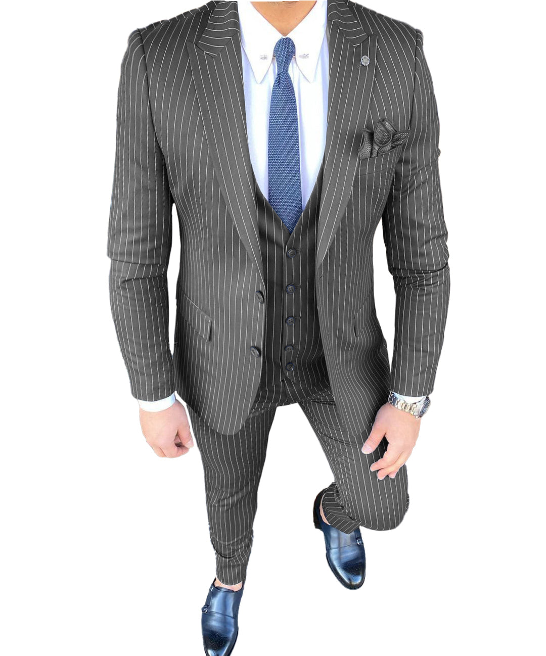 Formal Men's 3 Pieces Slim Fit Striped Peak Lapel Tuxedos (Blazer+vest ...