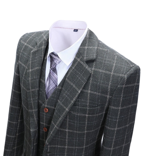 Formal Men's Business 3 Pieces Black Plaid Tweed Notch Lapel Suit (Blazer+vest+Pants) Adam Reed