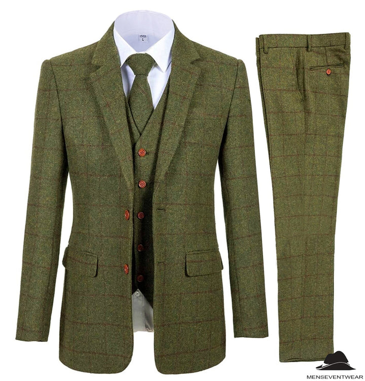 Formal Men's Business 3 Pieces Tweed Plaid Notch Lapel Suit (Blazer+vest+Pants) Adam Reed