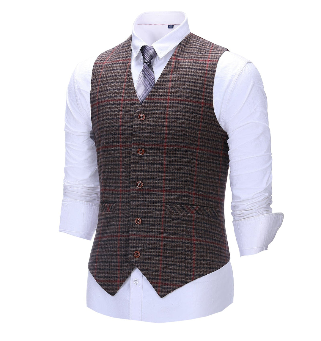 Formal Men's Suit Vest Coffee Plaid V Neck Waistcoat mens event wear