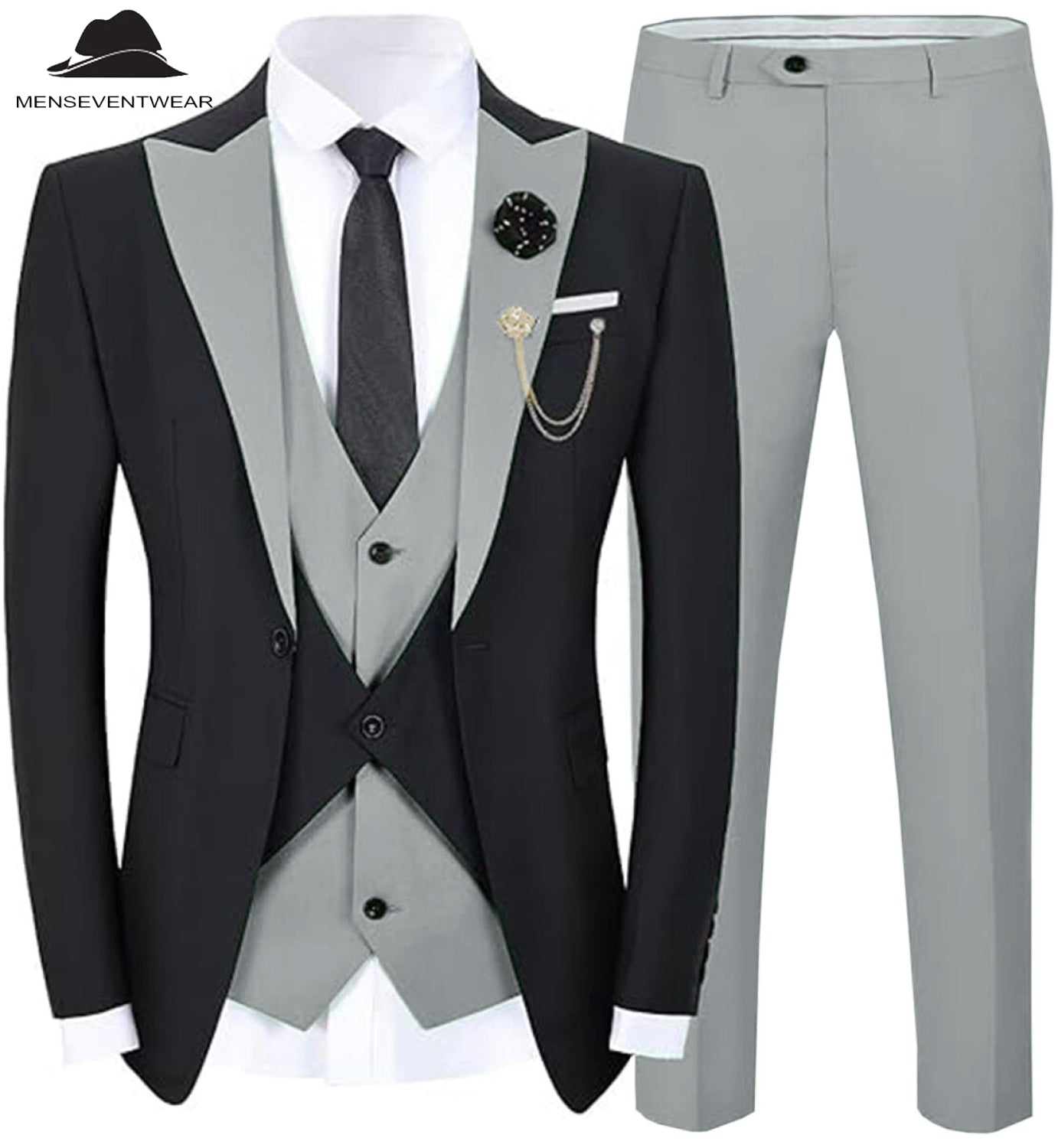 Formal Men's Suits Slim Fit 3 Pieces Peak Lapel Tuxedos (Black Blazer+ ...