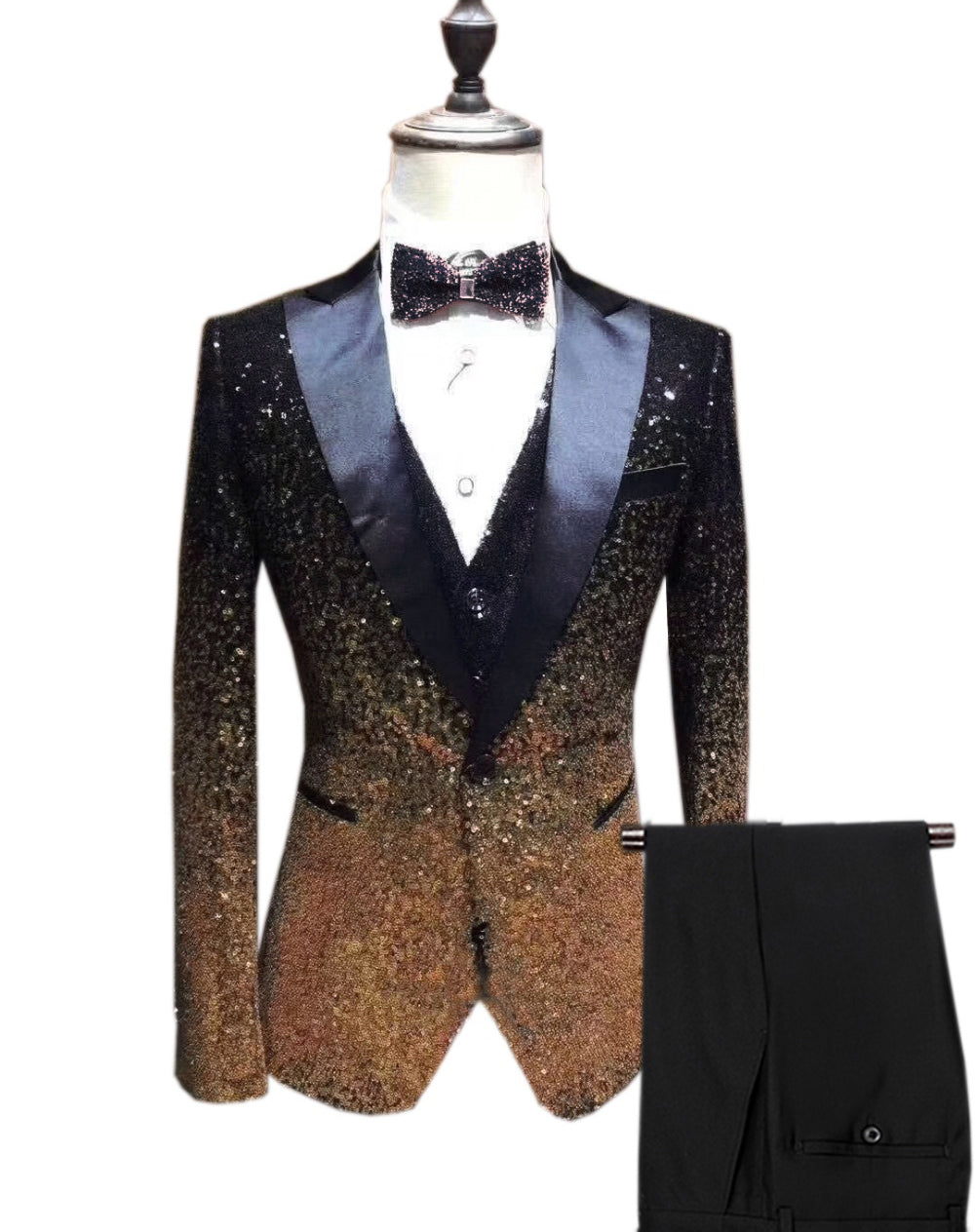Men Fashion Gradual Change Color Sequins Peak Lapel Tuxedos Suit(Blazer+Vest+Pant) mens event wear