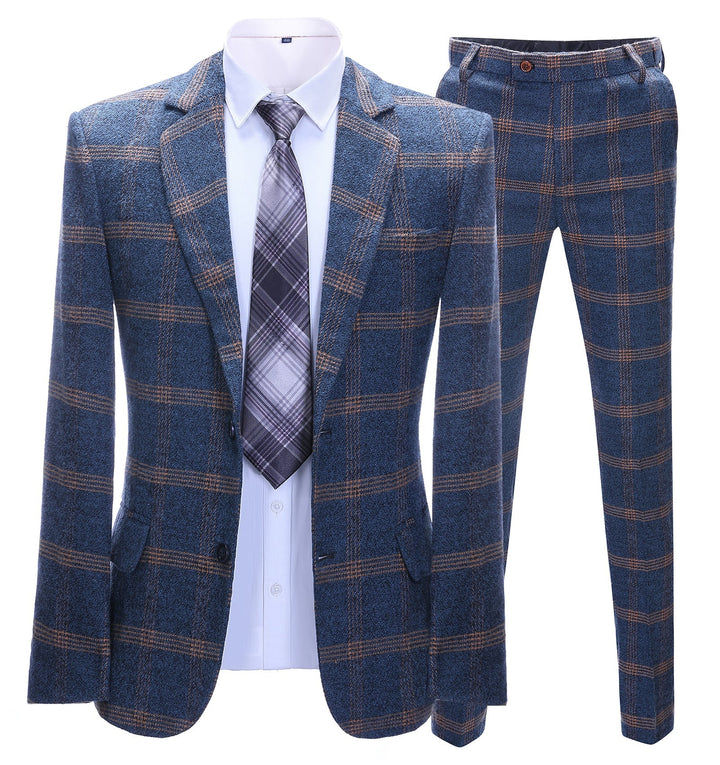 Men's 2 Pieces Formal Royal Blue Plaid Notch Lapel Tuxedos for Wedding(Blazer+Pants) mens event wear