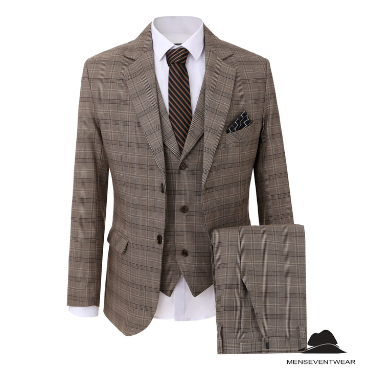 Men's 3 Pieces Formal Plaid Notch Lapel Suit (Blazer+Vest+Pants) mens event wear