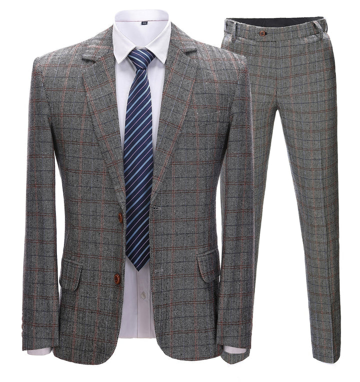 Men's Business 2 Pieces Formal Grey Plaid Notch Lapel Solid Tuxedos for Wedding (Blazer+Pants) mens event wear