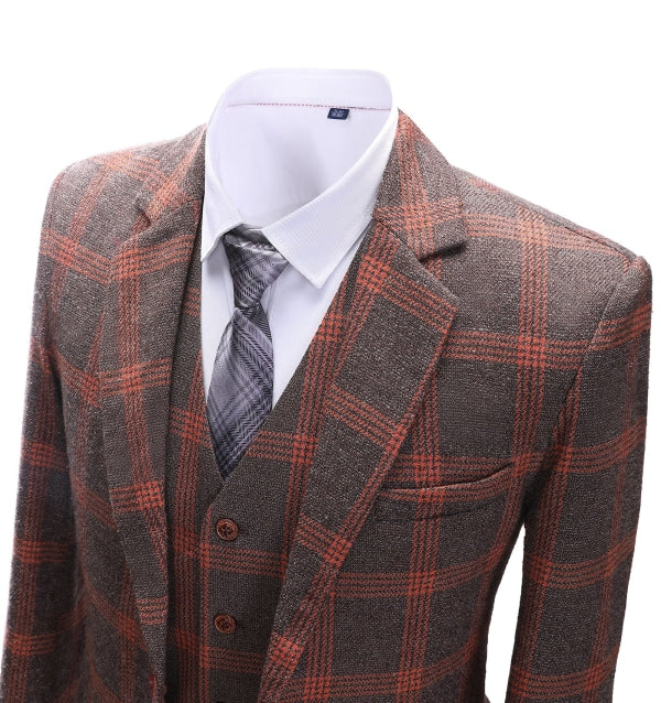 Men's Business 3 Pieces Formal Burgundy Plaid Tweed Notch Lapel Suit (Blazer+vest+Pants) Adam Reed