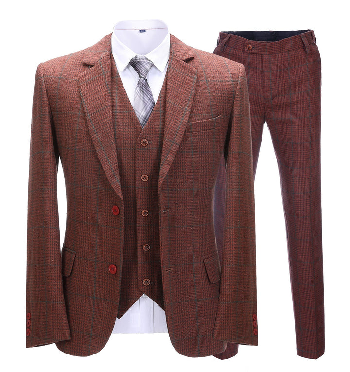 Men's Business 3 Pieces Formal Burgundy Plaid Tweed Notch Lapel Suit (Blazer+vest+Pants) Adam Reed