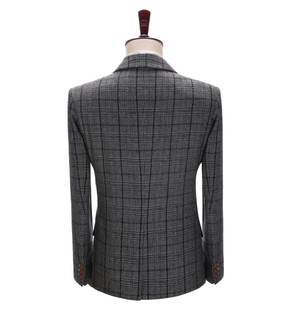 Men's Business 3 Pieces Formal Dark Grey Plaid Tweed Notch Lapel Suit (Blazer+vest+Pants) Adam Reed