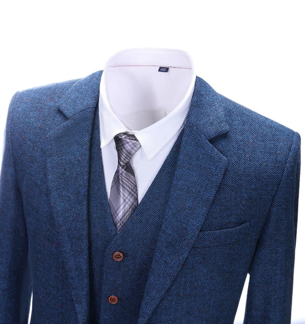 Men's Business 3 Pieces Formal  Royal Blue Herringbone Tweed Notch Lapel Suit (Blazer+vest+Pants) menseventwear