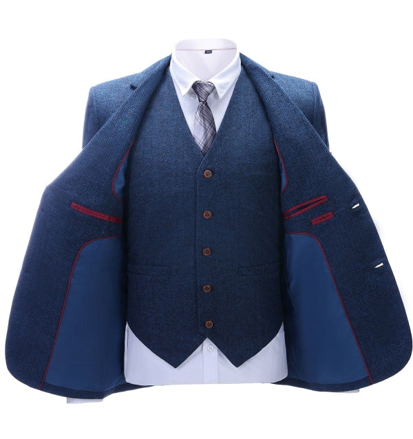 Men's Business 3 Pieces Formal  Royal Blue Herringbone Tweed Notch Lapel Suit (Blazer+vest+Pants) menseventwear