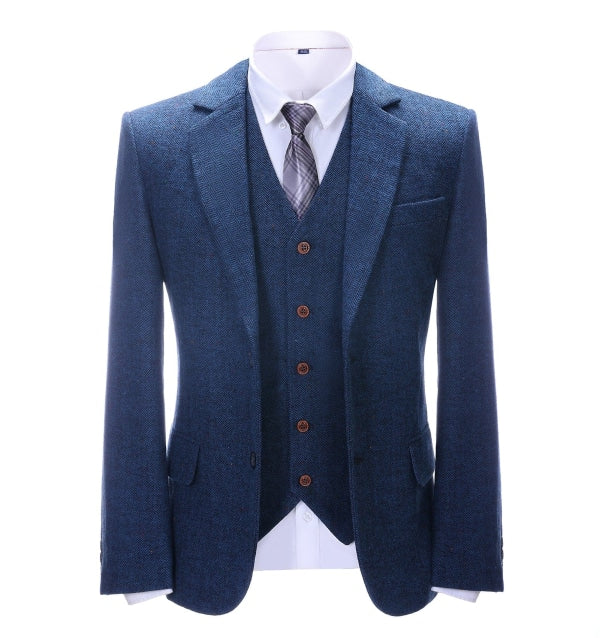 Men's Business 3 Pieces Formal  Royal Blue Herringbone Tweed Notch Lapel Suit (Blazer+vest+Pants) menseventwear