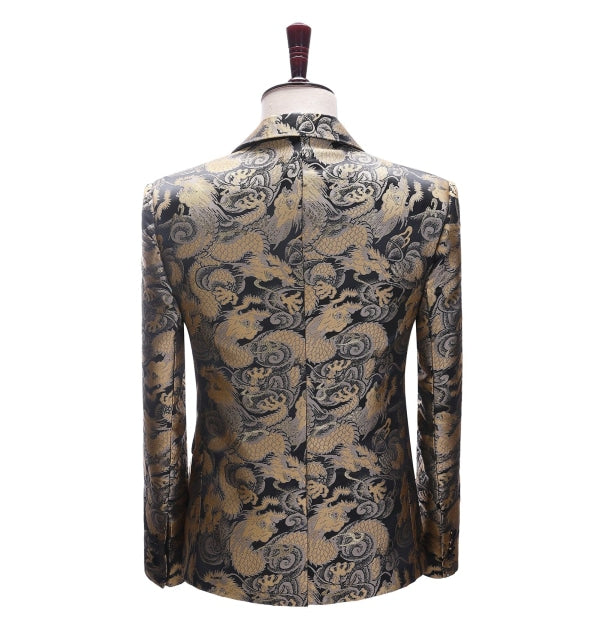 Men's Casual Chinese Dragon Patterned Peak Lapel Blazer mens event wear