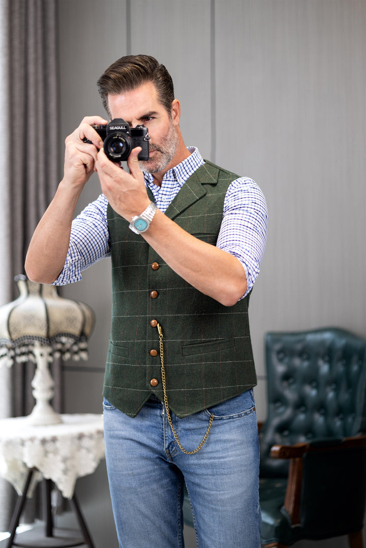 Men's Casual Slim Fit Plaid Tweed Notch Lapel Waistcoat mens event wear