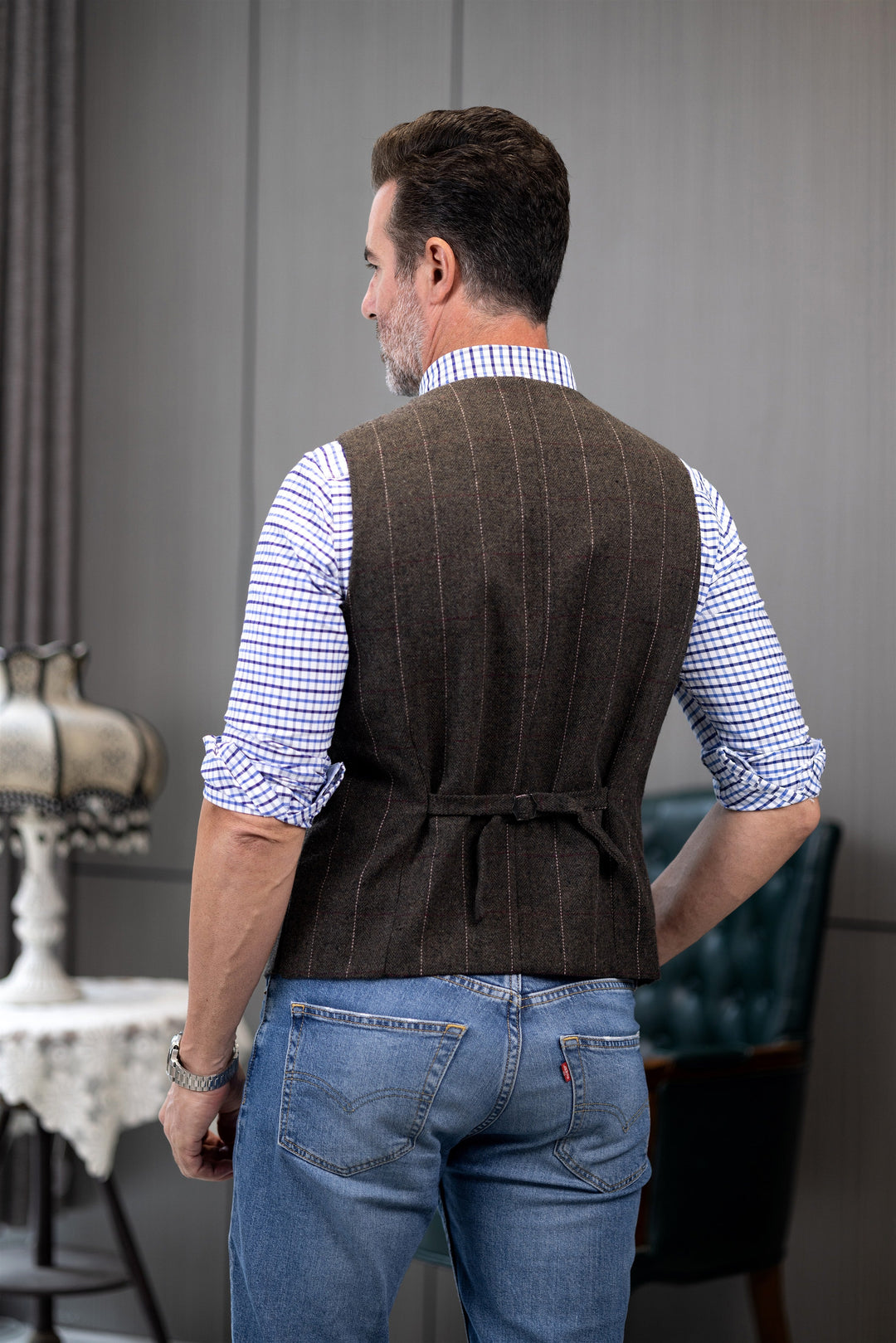 Men's Casual Slim Fit Plaid Tweed Notch Lapel Waistcoat mens event wear