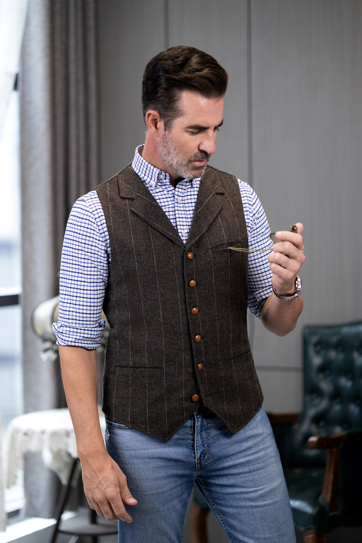 Men's Casual Slim Fit Plaid Tweed Notch Lapel Waistcoat mens event wear