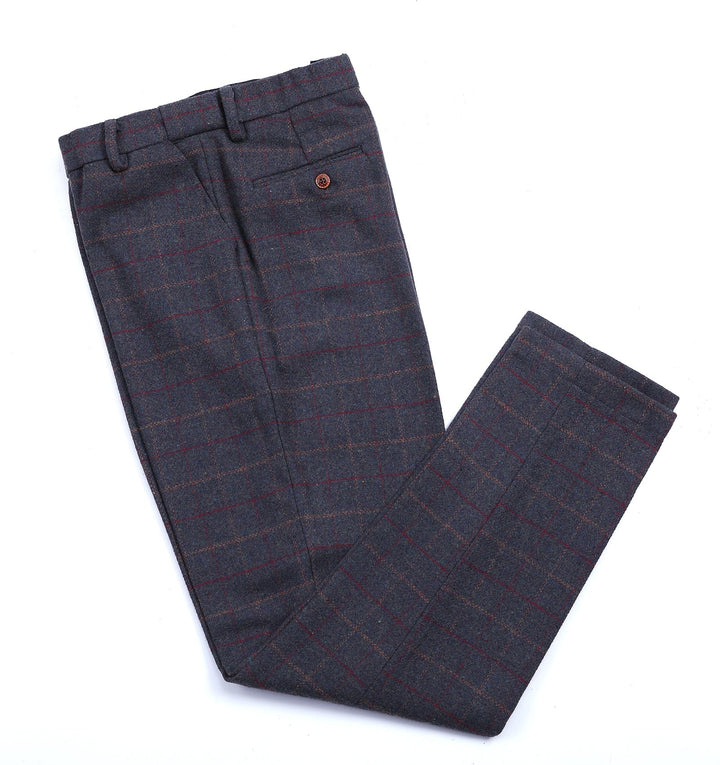 Men's Casual Suit Pants Dark Grey Blue Plaid Pleat-Front Trousers menseventwear