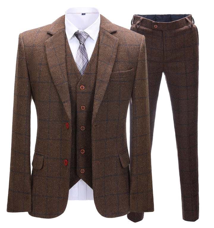 Men's Formal 3 Pieces Business Coffee Tweed Plaid Notch Lapel Suit (Blazer+vest+Pants) Adam Reed