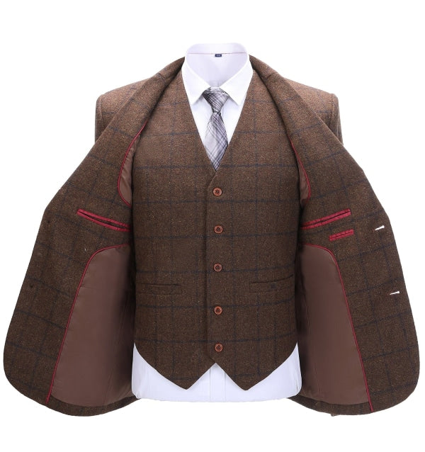 Men's Formal 3 Pieces Business Coffee Tweed Plaid Notch Lapel Suit (Blazer+vest+Pants) Adam Reed