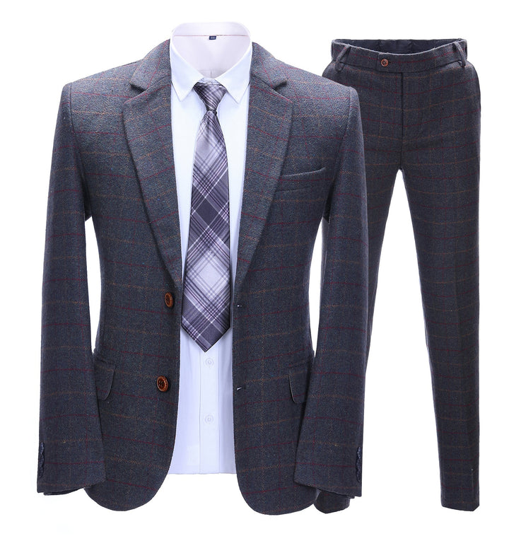 Mens Suit Business 2 Pieces Formal Dark Grey Blue Plaid Notch Lapel Tuxedos (Blazer+Pants) mens event wear