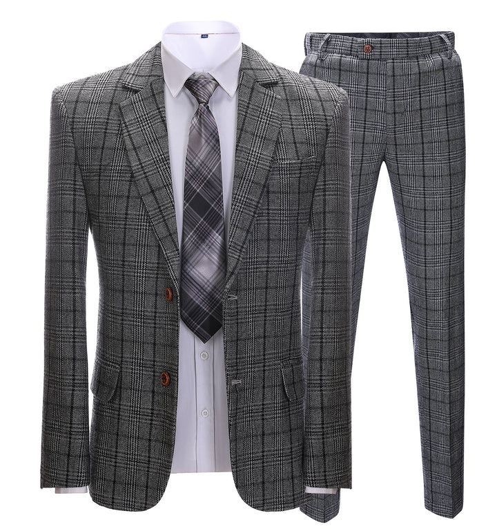 Mens Suit Business 2 Pieces Formal Dark Grey Plaid Notch Lapel Tuxedos (Blazer+Pants) mens event wear
