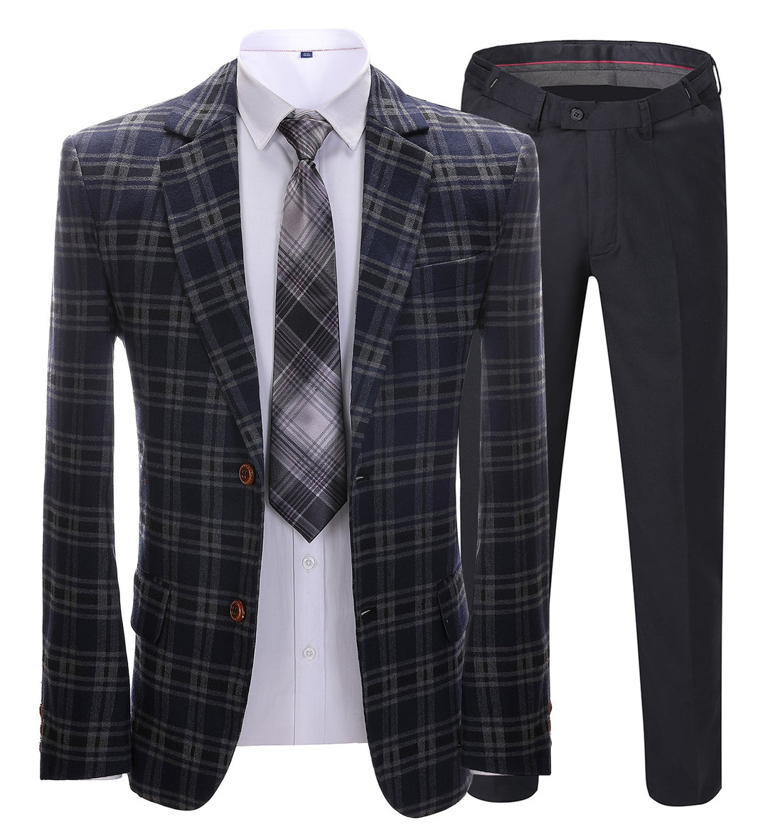Mens Suit Business 2 Pieces Formal Navy Plaid Notch Lapel Tuxedos (Blazer+Pants) mens event wear